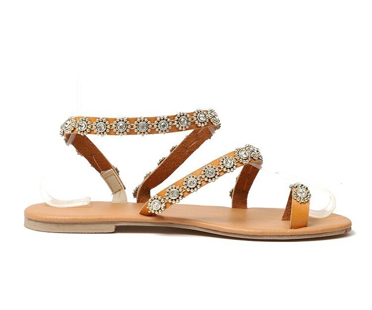 Women Brown Leather Sandals Casual Pearls Daily Shoes